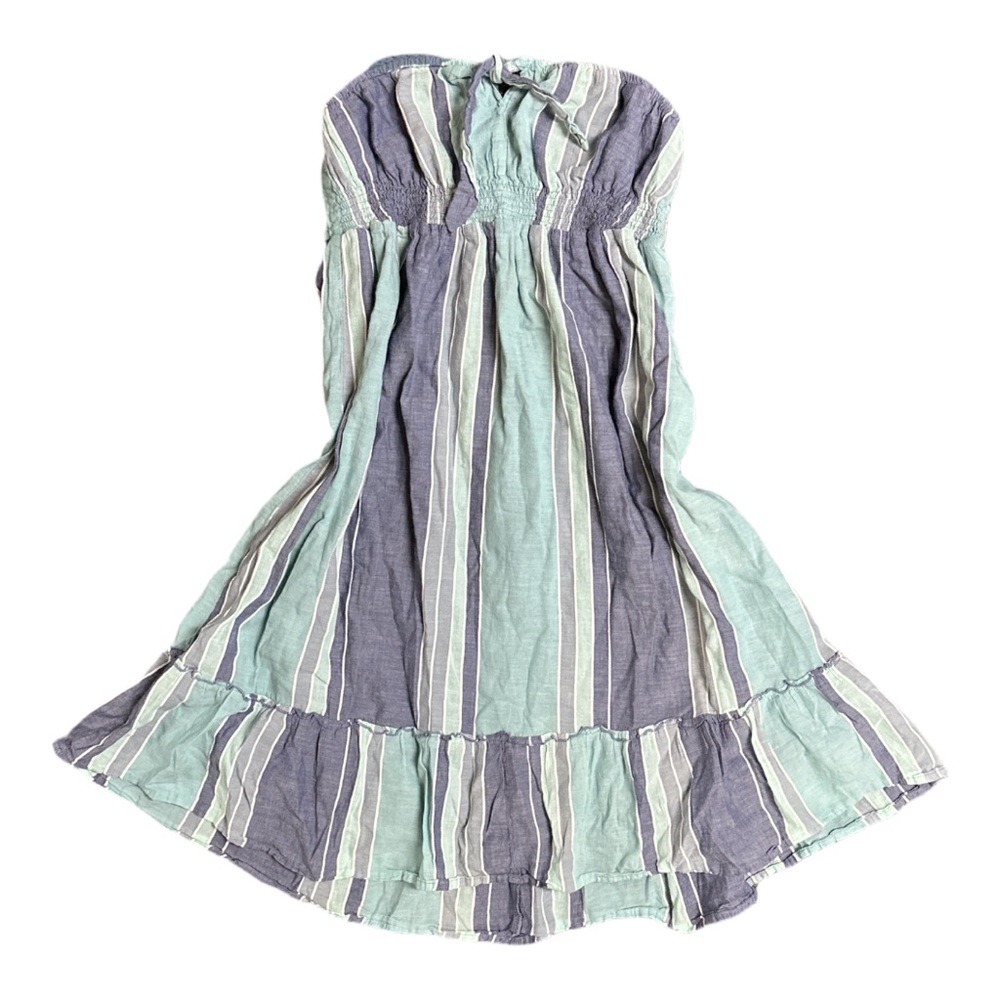 Y2K BUM EQUIPMENT women's blue striped flowy strapless beach dress, M.